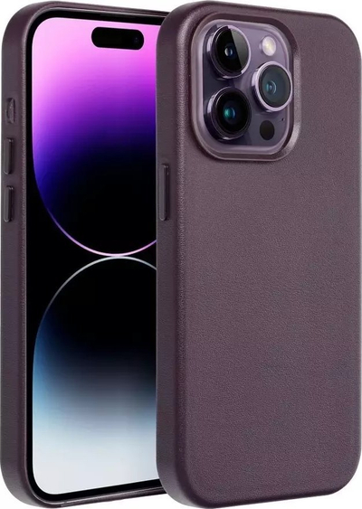 Këllëf telefoni Leather Mag për iPhone 14 Pro, lëkurë eco, MagSafe, vjollcë e errët