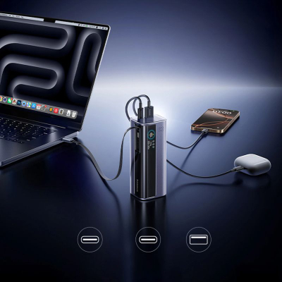 Power bank Baseus 100W, 10000mAh, me kabllo USB-C të futshme brenda, gri