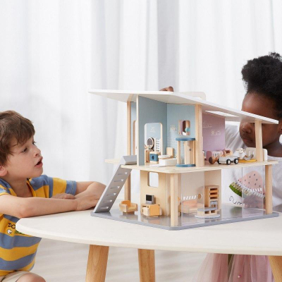 Set lodrash Viga Toys Wooden Dolls Doll Family, familje kukullash druri, duar dhe këmbë të lëvizshme, ngjyra pastel