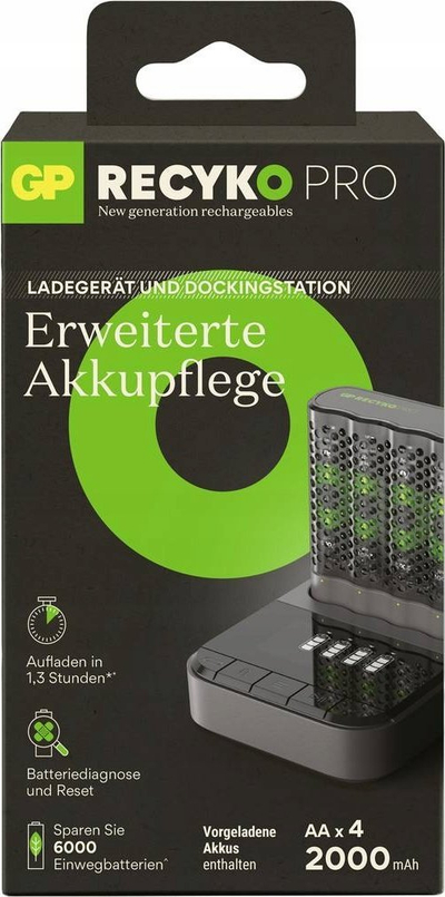 Karikues baterish GP ReCyko Pro P461, NiMH AA AAA, 4 slote USB, me ekran LED, ngjyrë e zezë