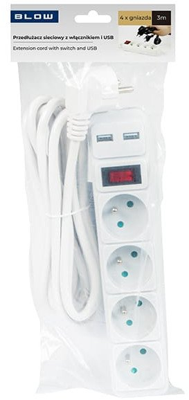 Prizë zgjatuese BLOW PR-370WSP/USB, 4 dalje 2x USB, kabllo 3m, e bardhë