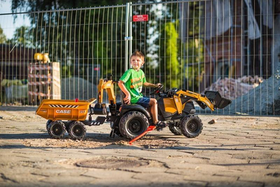 Traktor lodër me pedale Falk Case IH Construction, me rimorkio dhe eskavator, portokalli