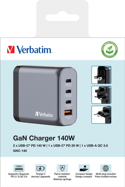 Karikues muri Verbatim 140W GaN, 4 porta USB, i zi