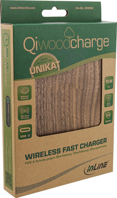 Karikues inalámbrik InLine Qi Woodcharge, Fast Charge 15W, USB C, ngjyrë druri