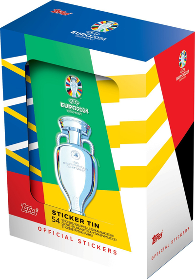 Set abetare Topps UEFA Euro 2024 Sticker Tin, kuti metalike, dizajn me shumë ngjyra