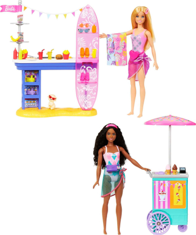 Set loje Barbie Beach Boardwalk, 2 kukulla Brooklyn dhe Malibu, 30 gjëra lojë, shumengjyrësh