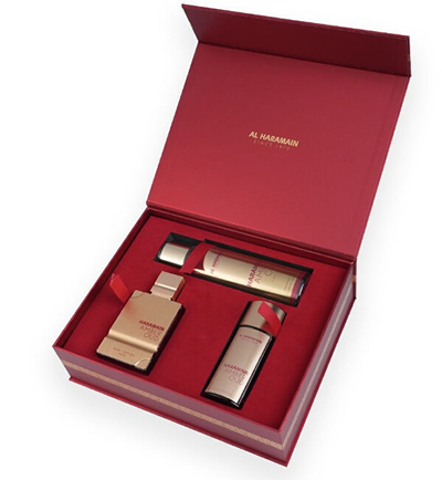 Set Al Haramain Amber Oud Ruby Edition, EDP, 75 ml + EDP, 30 ml + sprej aromatik për trup, 250 ml