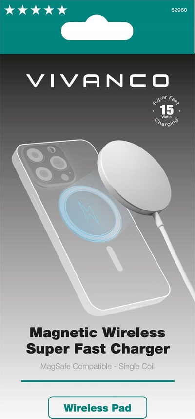 Karikues wireless me magnet Vivanco 62960, 15W, USB C, i bardhë