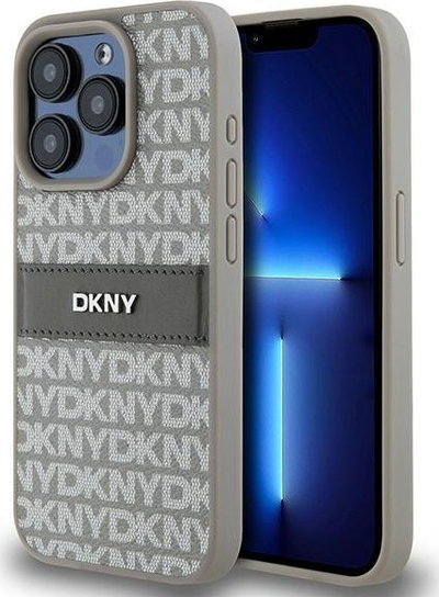 Mbulesë telefoni DKNY për iPhone 15 Pro Max Repeat Pattern Tonal Stripe, logo metalike, bezhë