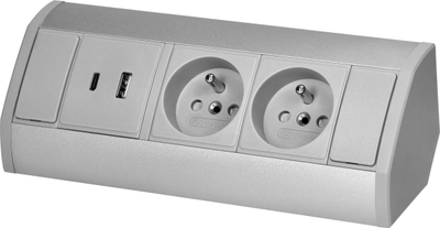 Prizë për mobilje 2x2P+E me 2 porta USB A C, 2.4A, gri argjendtë