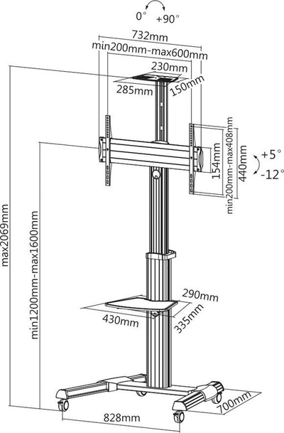 Stendë me rrota për TV ROLINE 17.03.1260, 37"-70", 50 kg, e zezë