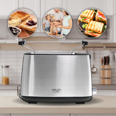 Toaster Adler AD 3214, trupi inoks, shumë nivele thekjeje, argjendtë