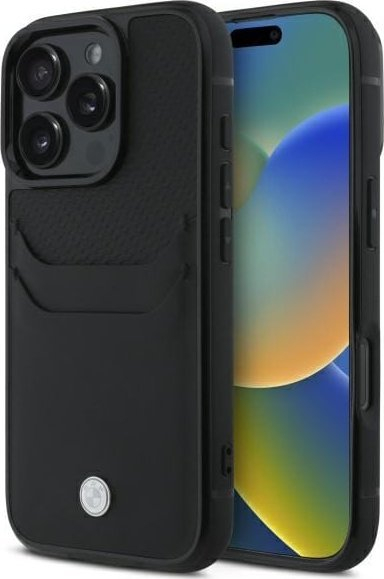 Futrollë telefoni BMW Sign për iPhone 16 Pro Max, lëkurë, xhep kartash, e zezë