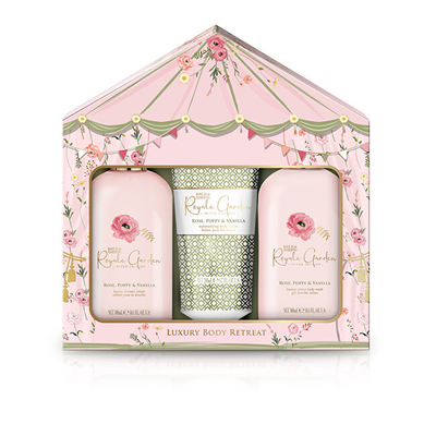 Set për femra Baylis & Harding Rose, Poppy & Vanilla, krem dushi 300 ml + qumësht për trup dhe duar 200 ml + xhel dushi 300 ml