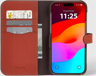 Mbulesë-portofol Coach Folio Signature për iPhone 15 Pro, lëkurë, ngjyrë tan