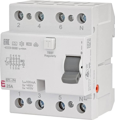 Ndërprerës diferencial ETI EFI P4 A 25/0.1, 4P, 25A, 0.1A, gri