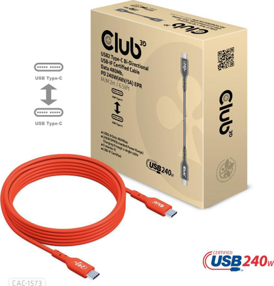 Kabllo USB Club 3D CAC-1573, USB-C në USB-C, 2m, e portokalltë