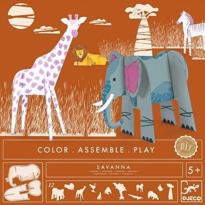 Set kreativ Djeco Color Assemble Play Savanna, modele 3D kartoni, për ngjyrosje, multingjyrësh