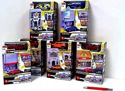 Set lodrash qytet Burago Playset City 1/43, ndërtesë me makinë metal, për kalamaj 3+