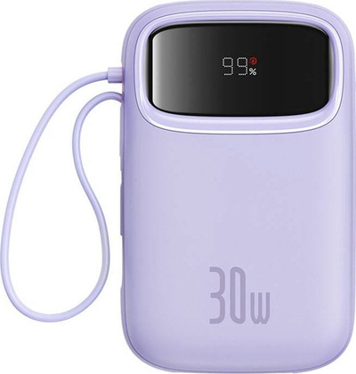 Powerbank Baseus QPow 2, 10000mAh, 30W, me kabllo USB-C të futme, vjollcë