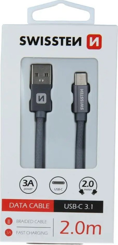 Кабел за податоци Swissten USB A во USB C, 2 m, пренос 3A, црна