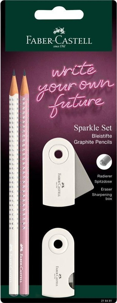 Set shkrimi Faber Castell Sparkle, 2 lapsa B, gomë dhe mprehëse, rozë dhe e bardhë