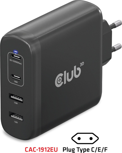 Karikues udhëtimi Club 3D CAC-1912, 100W GaN, 2x USB C dhe 2x USB A, i zi