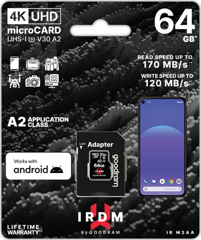 Kartë memorie GoodRam IRDM M2AA MicroSDXC, 64GB, Class 10 UHS I U3 A2 V30