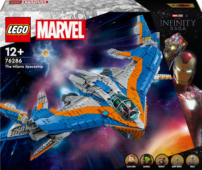 Set LEGO Marvel Guardians of the Galaxy The Milano 76286, anije kozmike për ndërtim, 12+, blu portokalli