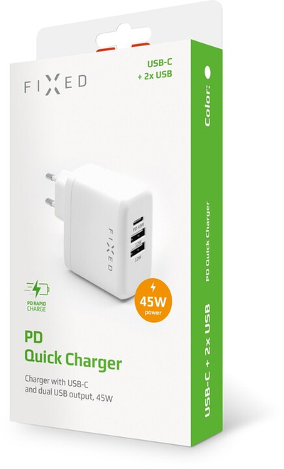 Karikues FIXED, USB-C, 2xUSB, PD, 45W, i bardhë