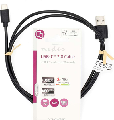 Kabllo USB Nedis USB A në USB C, 1m, 15W, 480 Mbps, e zezë