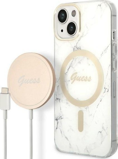 Set karikues MagSafe dhe kapak Guess Marble për iPhone 14 Plus 6.7", i bardhë