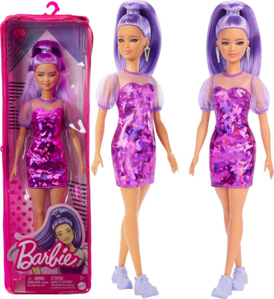 Kukull Barbie Fashionistas Petite, flokë të gjatë lejla, fustan lejla metalik