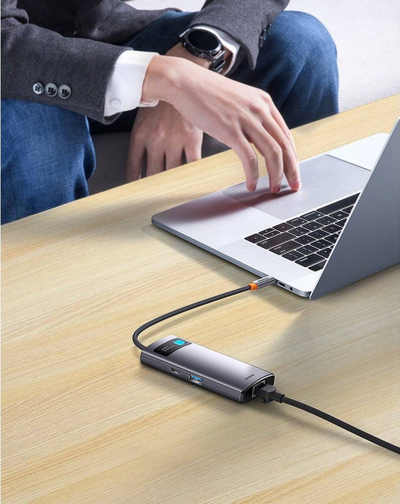 HUB USB C Baseus Metal Gleam WKWG070113, 4 në 1, 3x USB 3.0 RJ45, gri