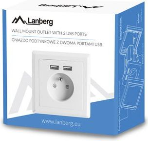 Prizë murale Lanberg AC-WS01-USB2-E, 1x 220V, 2x USB 2.1A, e bardhë