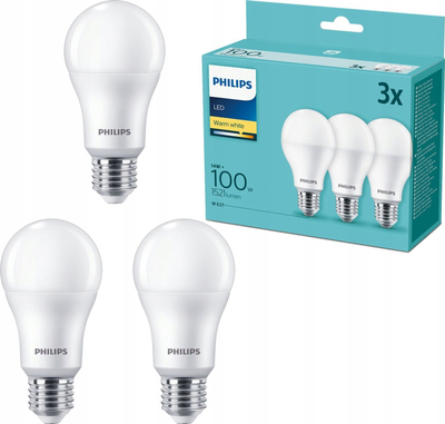 Llambë LED Philips E27 13W, 2700K, opal, set 3 copë