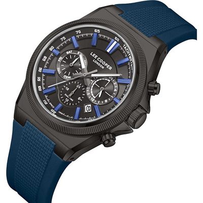 Orë burrash Lee Cooper LC08304.069, 43mm, rrip lëkure, e zezë blu