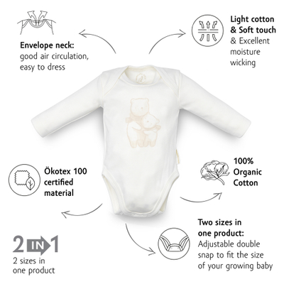 Body për bebe Kenguru Gold Medo, 100% pambuk organik, mëngë të gjata, krem