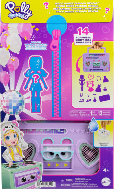 Set lojrash Polly Pocket Disco Dance Fashion Reveal, mini skenë vallzimi, kukull 7.5 cm, shumngjyrësh