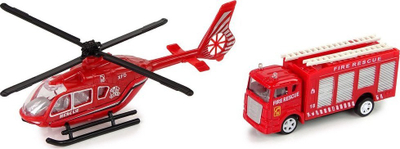 Set lodrash LeanToys Fire Department, vetura zjarrfikëse pull back, helikopter i kuq