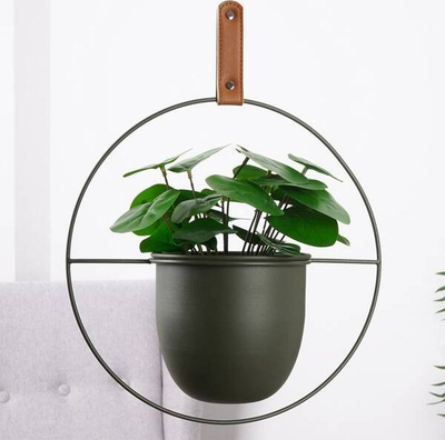 Vazo varëse dekorative Hanging Pot, me rrip lëkure, për mur ose tavan, e bardhë