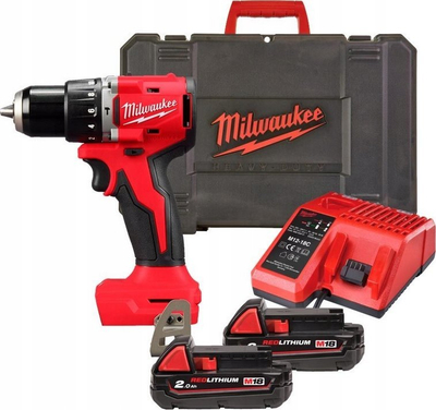 Stërvitëse kaçavidë pa kabllo Milwaukee M18BLPDRC-202C, 18V, set me 2 bateri, e kuqe me të zezë