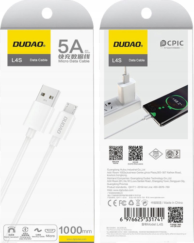 Kабел USB Dudao L4SM, USB A во micro USB, 2A, 1m, бел