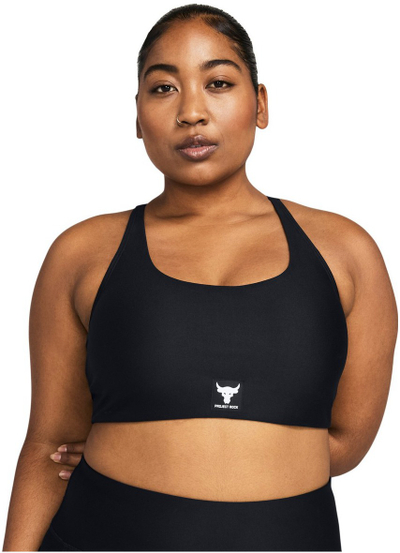 Bra sportive Under Armour Project Rock All Train Crossback, për femra, mbështetje mesatare, e zezë
