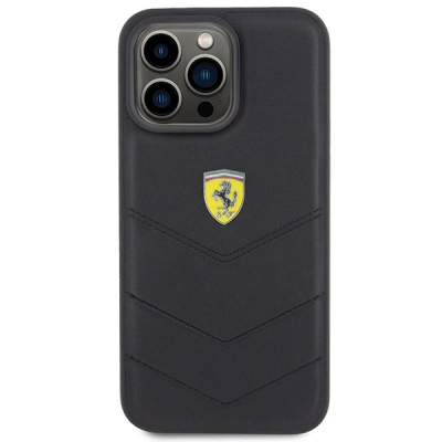 Këllëf telefoni Ferrari Quilted Metal Logo për iPhone 15 Pro Max 6.7", lëkurë, i zi