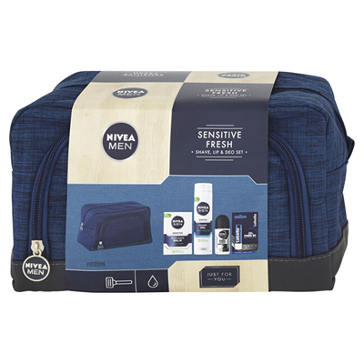 Set Nivea Sensitive Fresh balsam pas rroje 100 ml + balsam për buzë Labello Active 4.8 g + xhel rroje 200 ml + antiperspirant Black & White Original 50 ml + çantë kozmetike