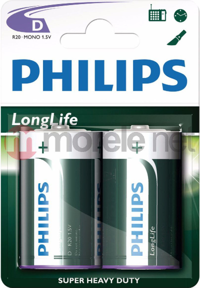 Батерии Philips LongLife D R20, 1.5V, пакување 2 парчиња