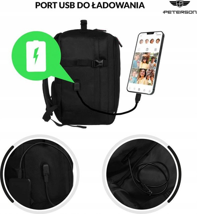 Çantë shpine Peterson Spacious, 24L, me port USB, e zezë