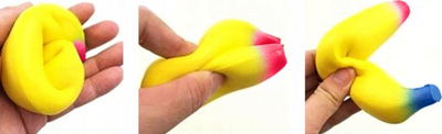 Lodër antistres Squeezy Banana, squishy 14 cm, set 24 copë, shumëngjyrëshe