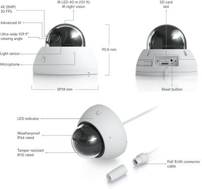 Kamerë sigurie Ubiquiti AI Dome, 4K, PoE, ngjyrë e zezë
